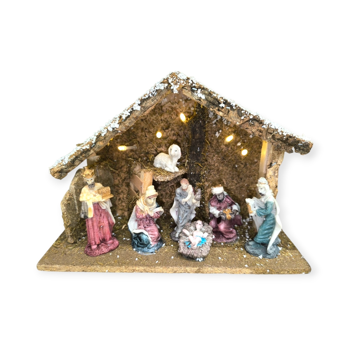 Karácsonyi betlehem jászollal, LED világítással és 7 figurával – 26x10,5x18 cm dekor