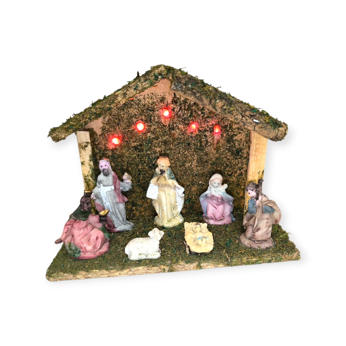 Karácsonyi betlehem jászollal LED világítással és 7 figurával – 17,5x7,5x13 cm dekor