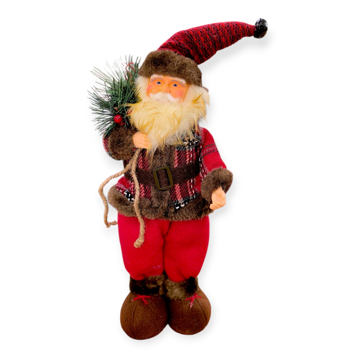Dekoratív Mikulás figura kockás kabáttal – 35 cm karácsonyi dísz