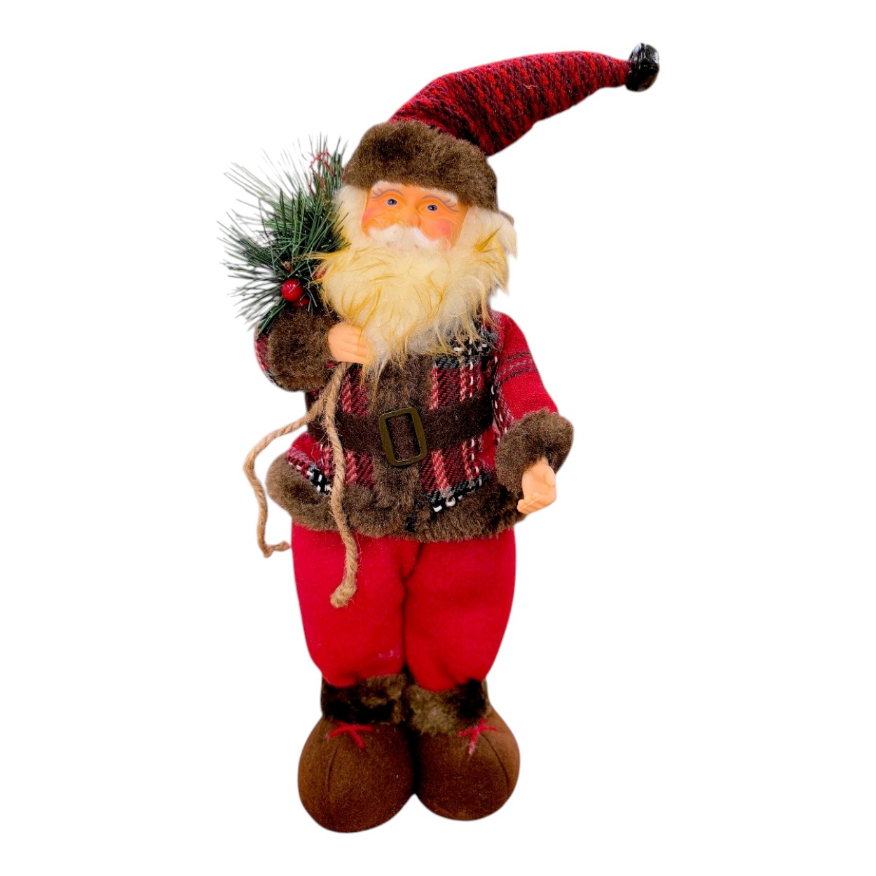 Kockás kabátos Mikulás figura, 35 cm