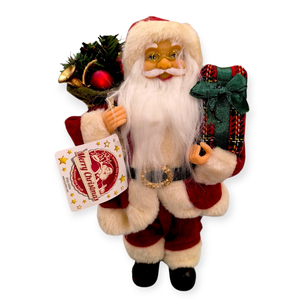 Dekoratív Mikulás figura ajándékcsomaggal és fenyőágas zsákkal – 30 cm