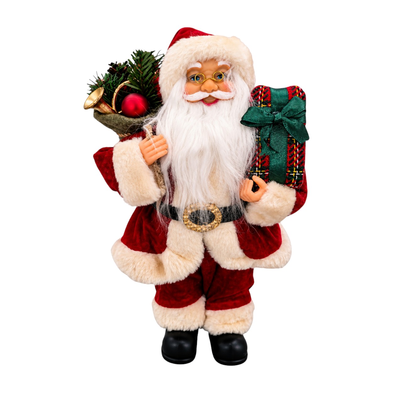 Mikulás figura ajándékcsomaggal és zsákkal, 30 cm