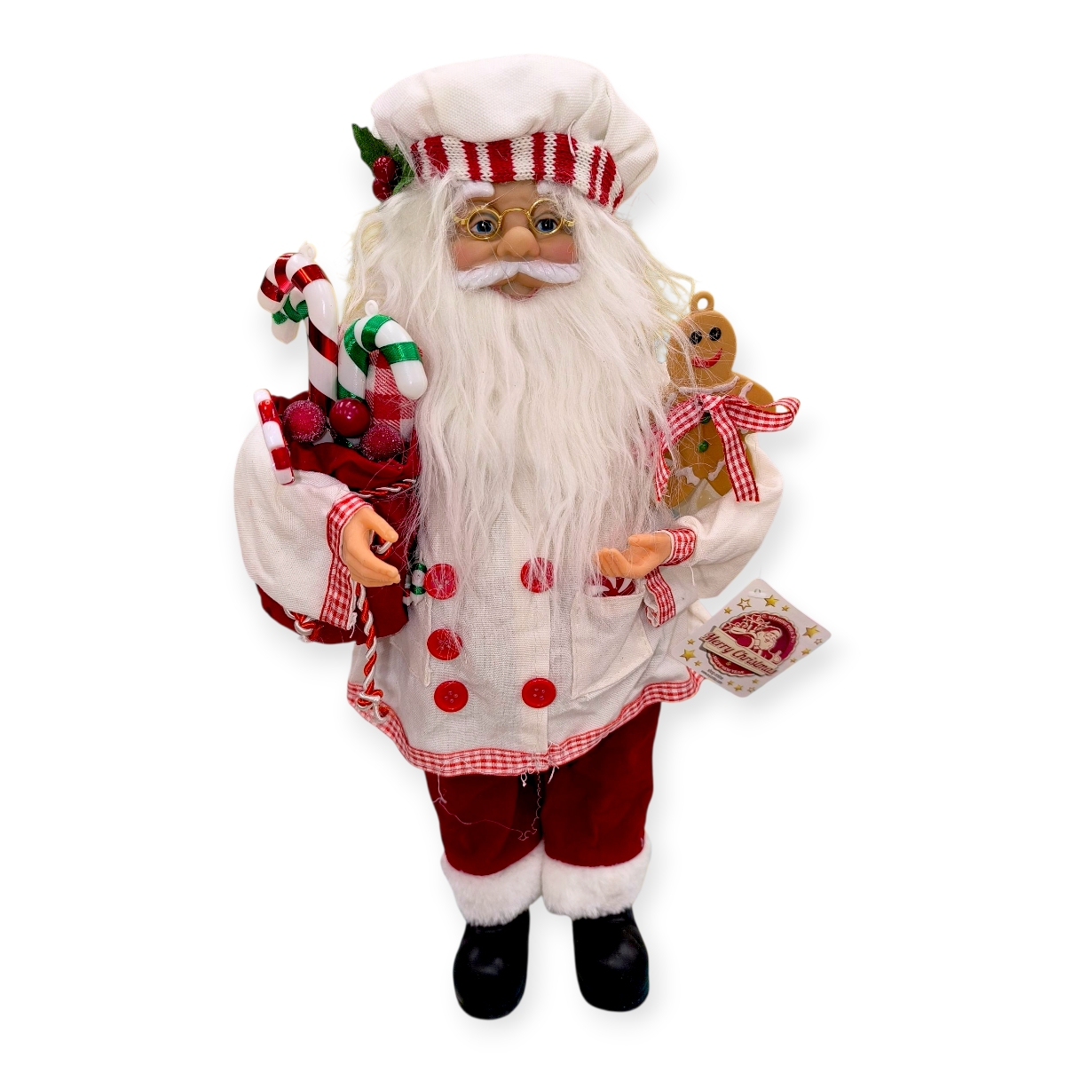 Dekoratív Mikulás figura Mézivel – Cukrászjelmezben, édességekkel, 45 cm