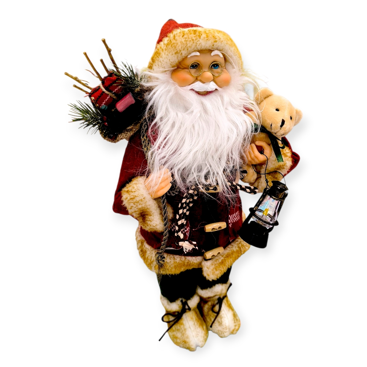 Mikulás figura dekoratív lámpással és macival – 45 cm