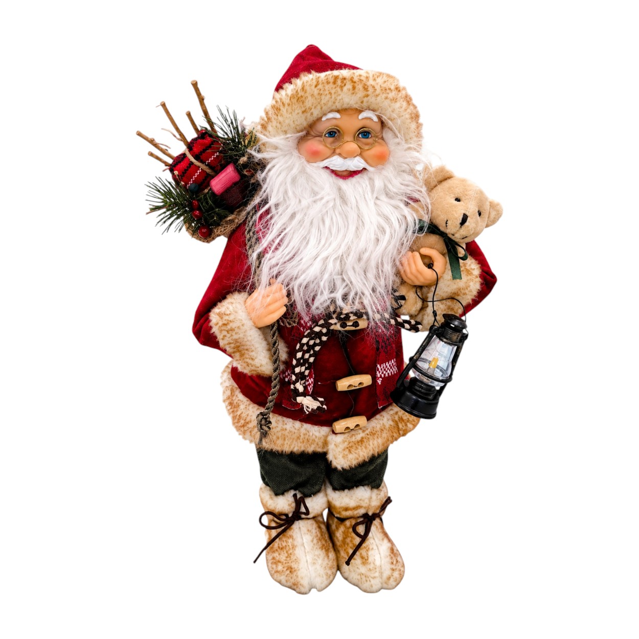 Mikulás figura lámpással és macival, 45 cm