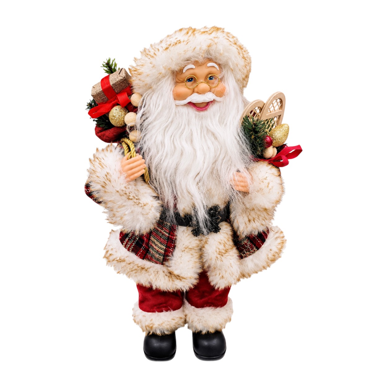 Kockás ruhás Mikulás figura, 45 cm