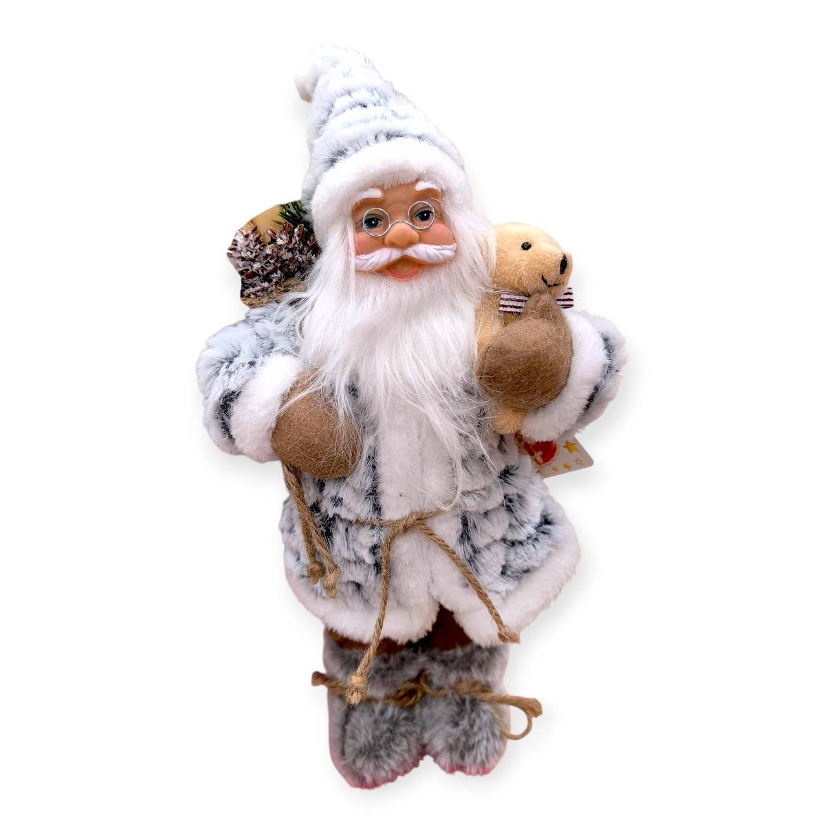 Mikulás dekoratív figura fehér-szürke ruhában mackóval 45 cm