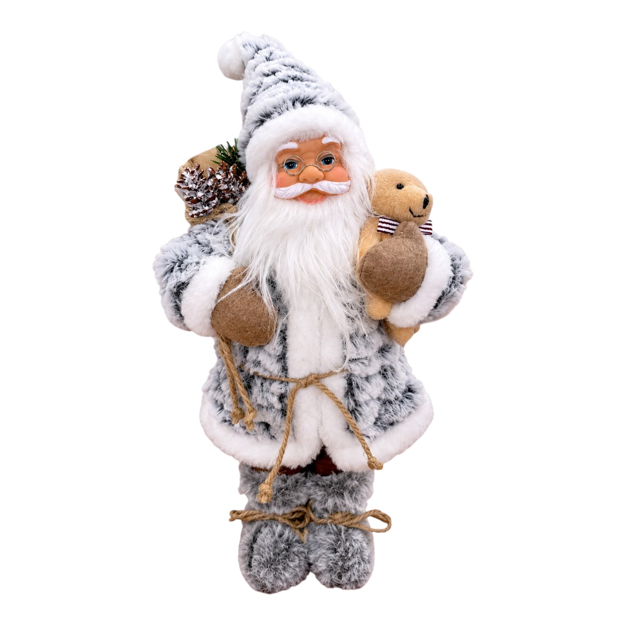 Szürke-fehér ruhás Mikulás figura mackóval, 45 cm