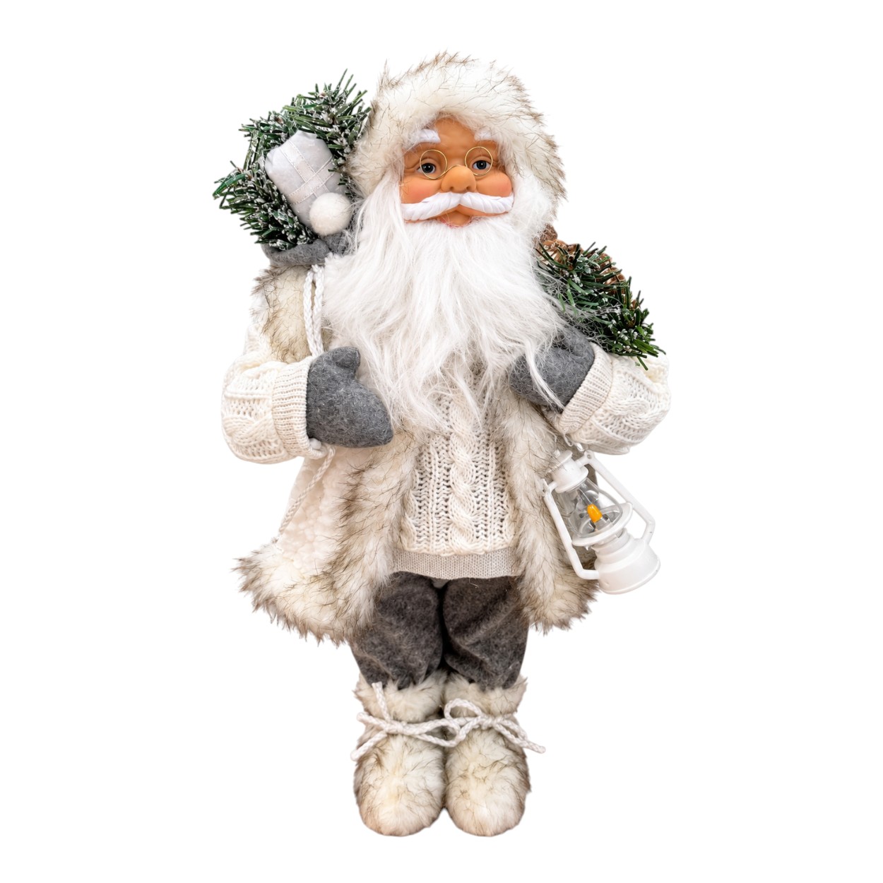Fehér ruhás Mikulás figura lámpással, 45 cm