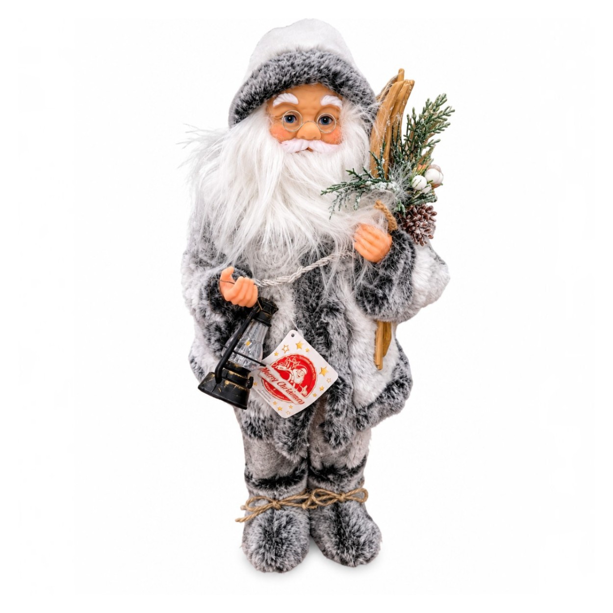 Szürke ruhás Mikulás figura síléccel és lámpással, 45 cm