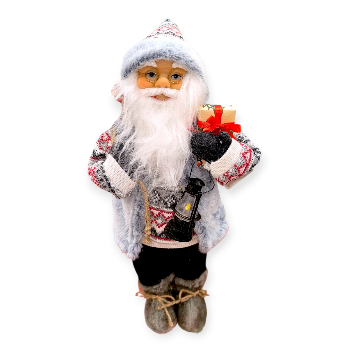 Dekoratív Mikulás figura szürke mellényben ajándékokkal – 46 cm
