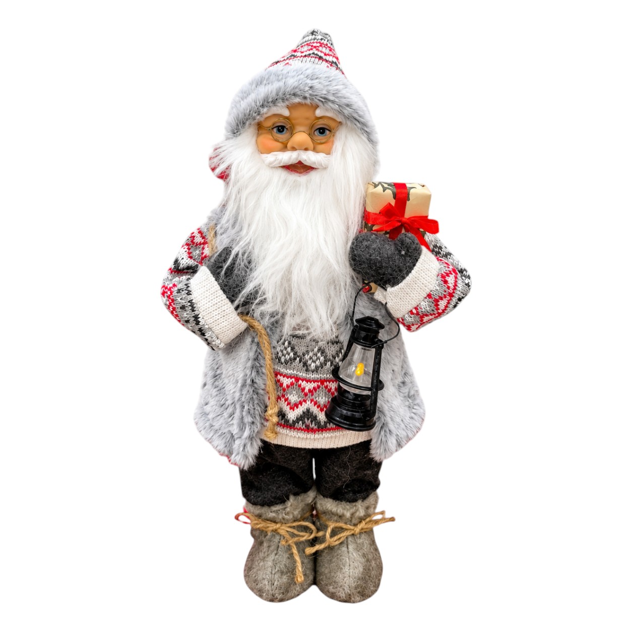 Szürke mellényes Mikulás figura ajándékokkal, 46 cm