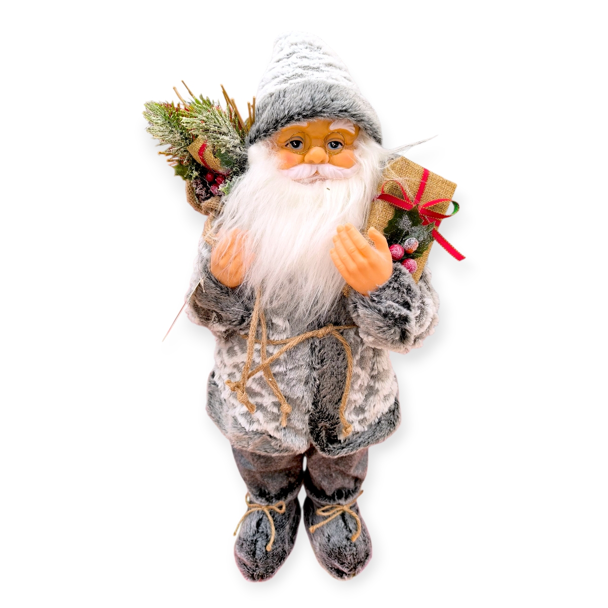 Dekoratív Mikulás figura szürke öltönyben ajándékokkal – 60 cm