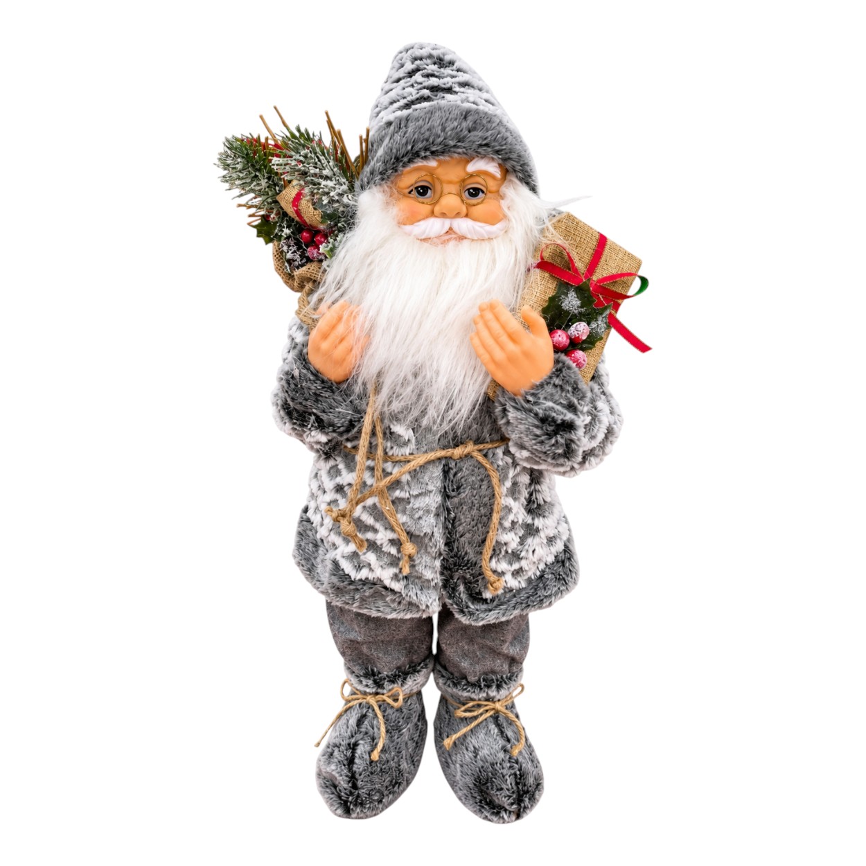 Szürke ruhás Mikulás figura ajándékokkal, 60 cm