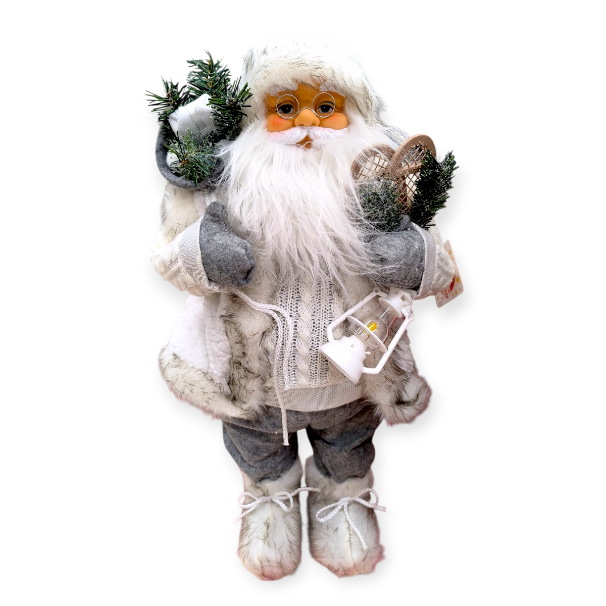 Fehér Mikulás dekoratív figura lámpással – 60 cm