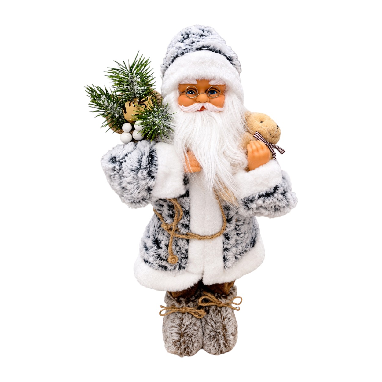 Szürke-fehér ruhás Mikulás figura mackóval, 30 cm