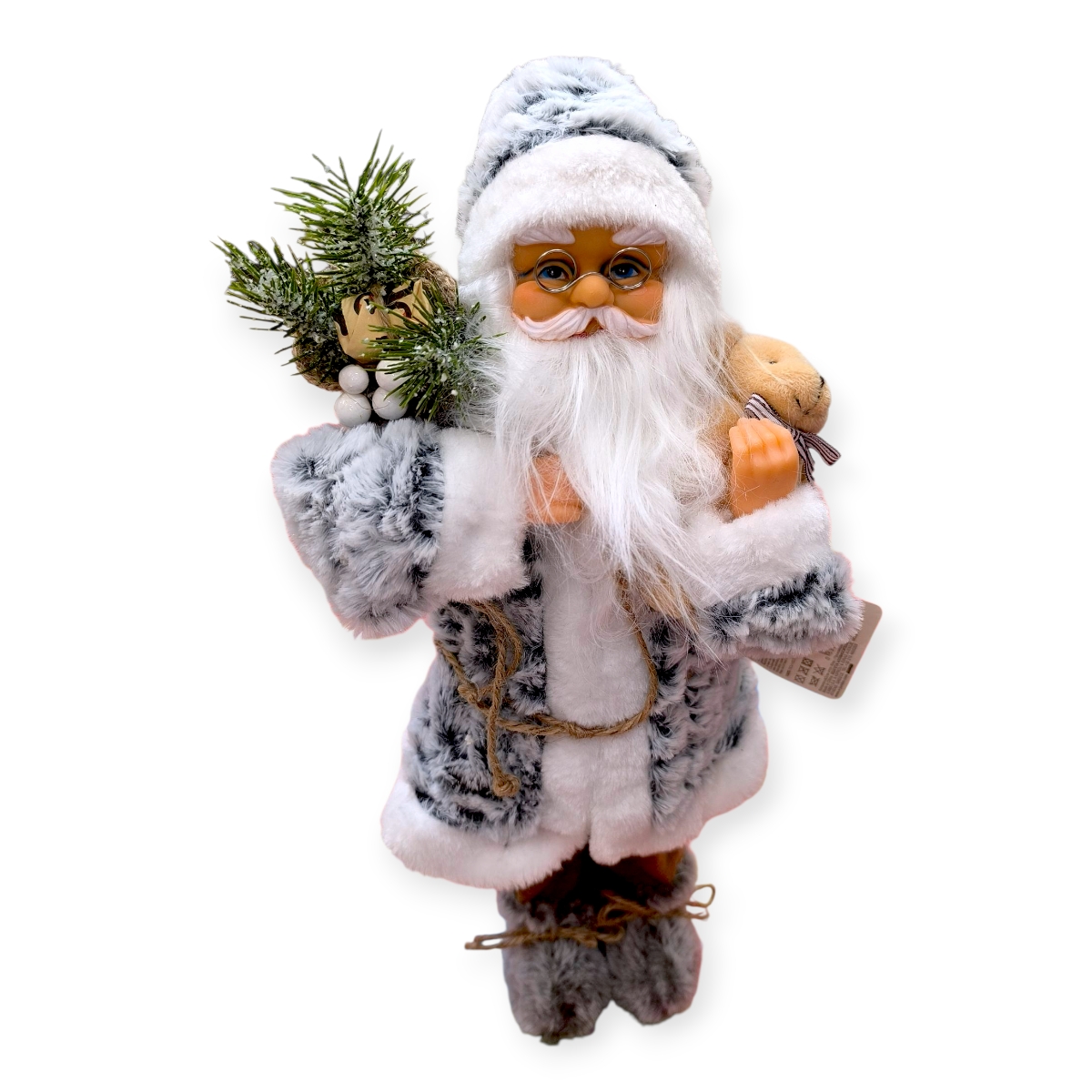 Valósághű Mikulás figura szürke-fehér öltönyben mackóval – 30 cm
