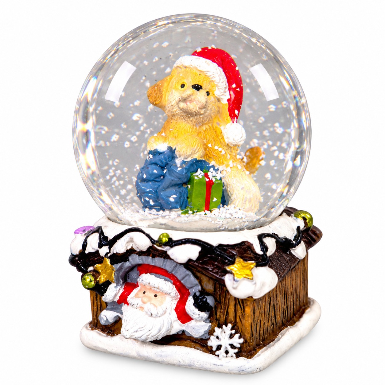 Kutyás karácsonyi hógömb barna házikóval (6,5 cm)
