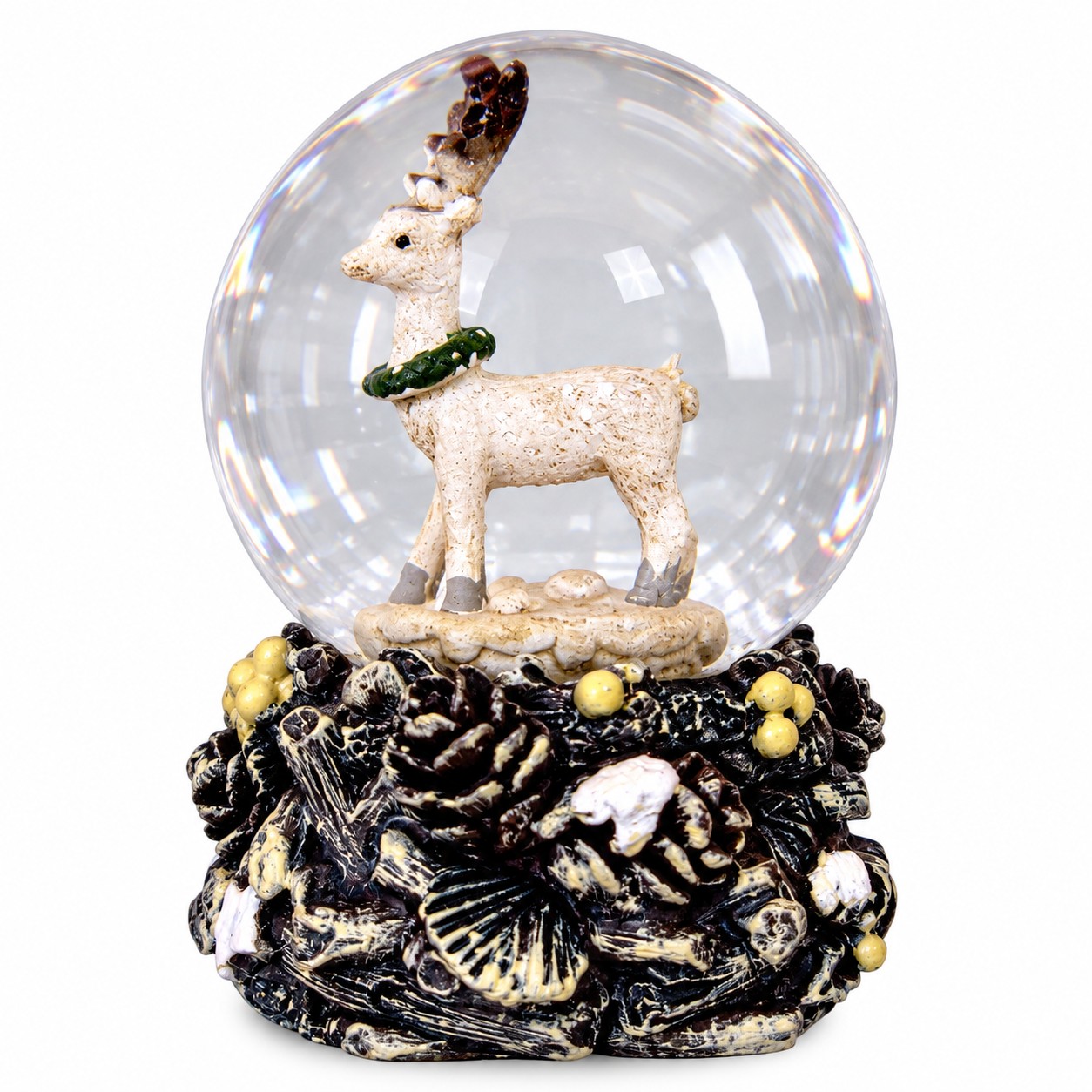 Szarvasos karácsonyi hógömb toboz talpon (7 cm)