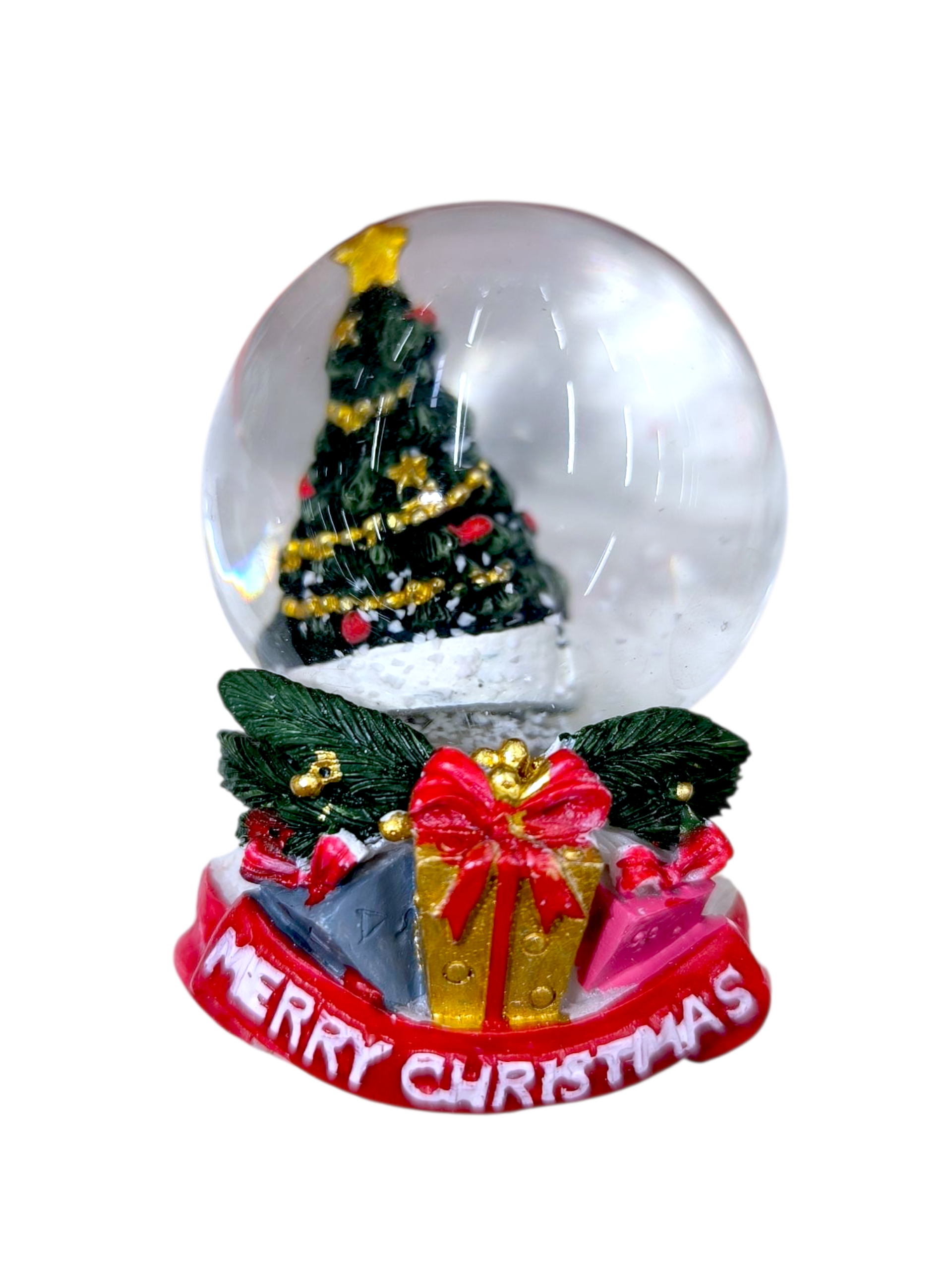 Karácsonyi hógömb díszített fával – „Boldog karácsonyt” 6cm