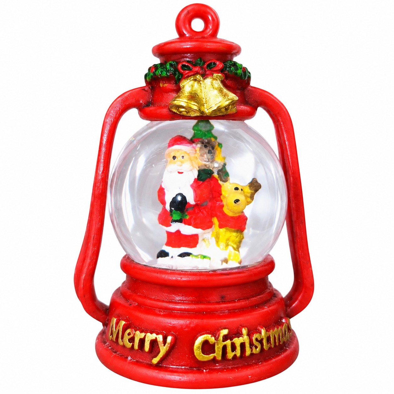 Mikulásos karácsonyi hógömb piros lámpás alapon (6 cm)
