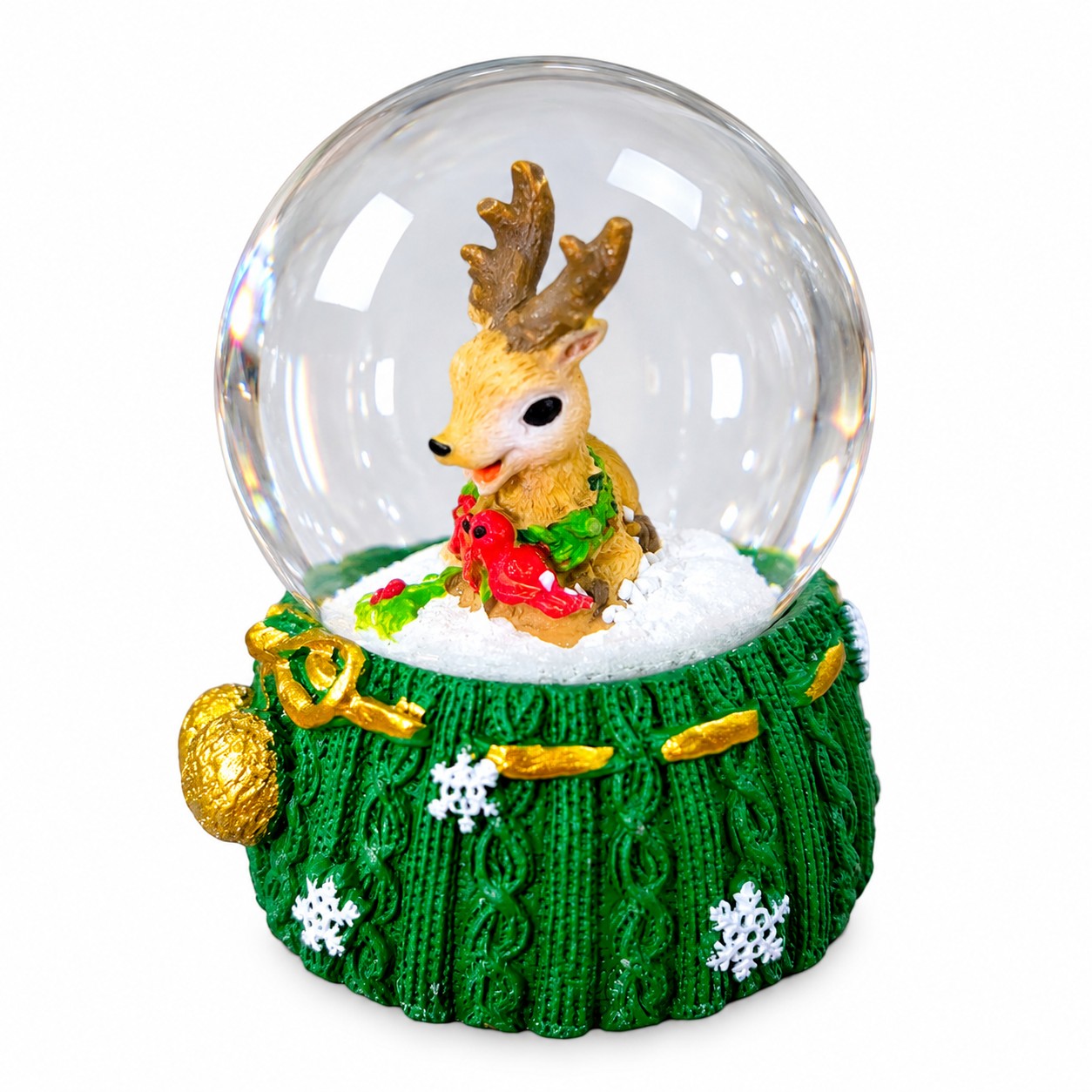 Rénszarvasos karácsonyi hógömb zöld talpon (6 cm)
