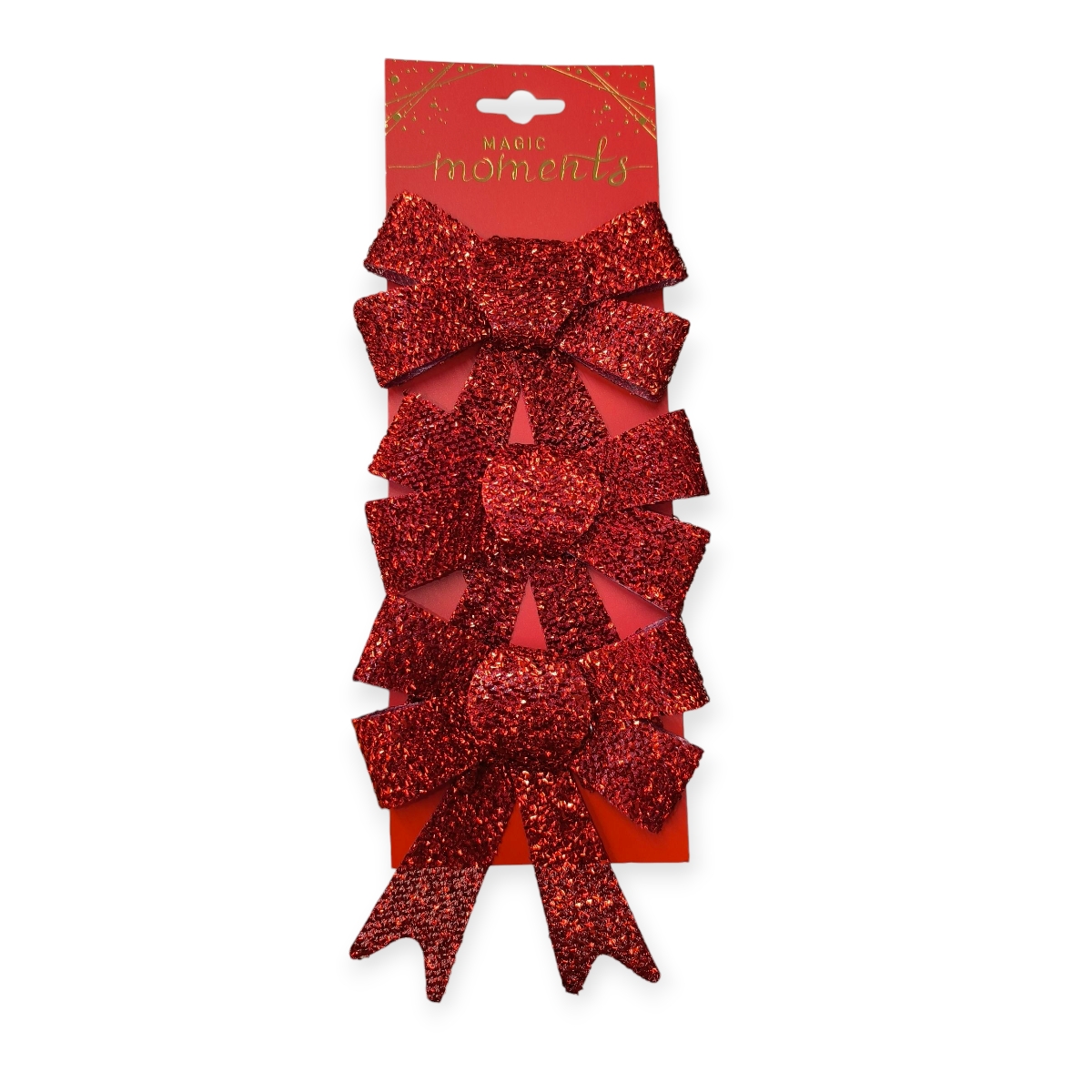 Piros karácsonyi dekoratív masni csillámmal 14cm – 3 db