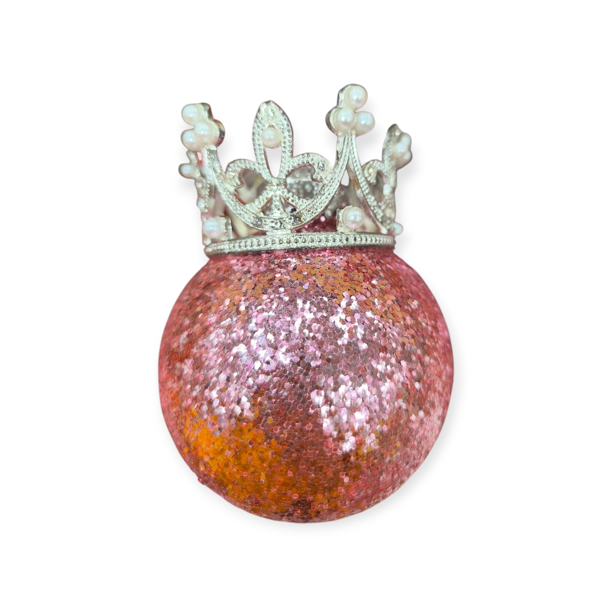 Rózsaarany csillámos karácsonyfadísz korona és gyöngy díszítéssel 8cm