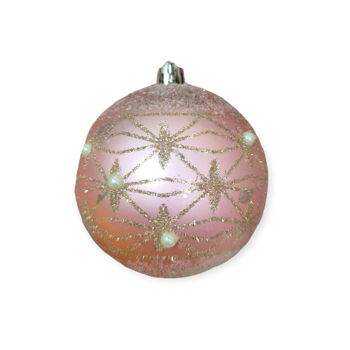 Rózsaszín karácsonyfadísz gömb bézs csillámmal és strasszokkal 8cm