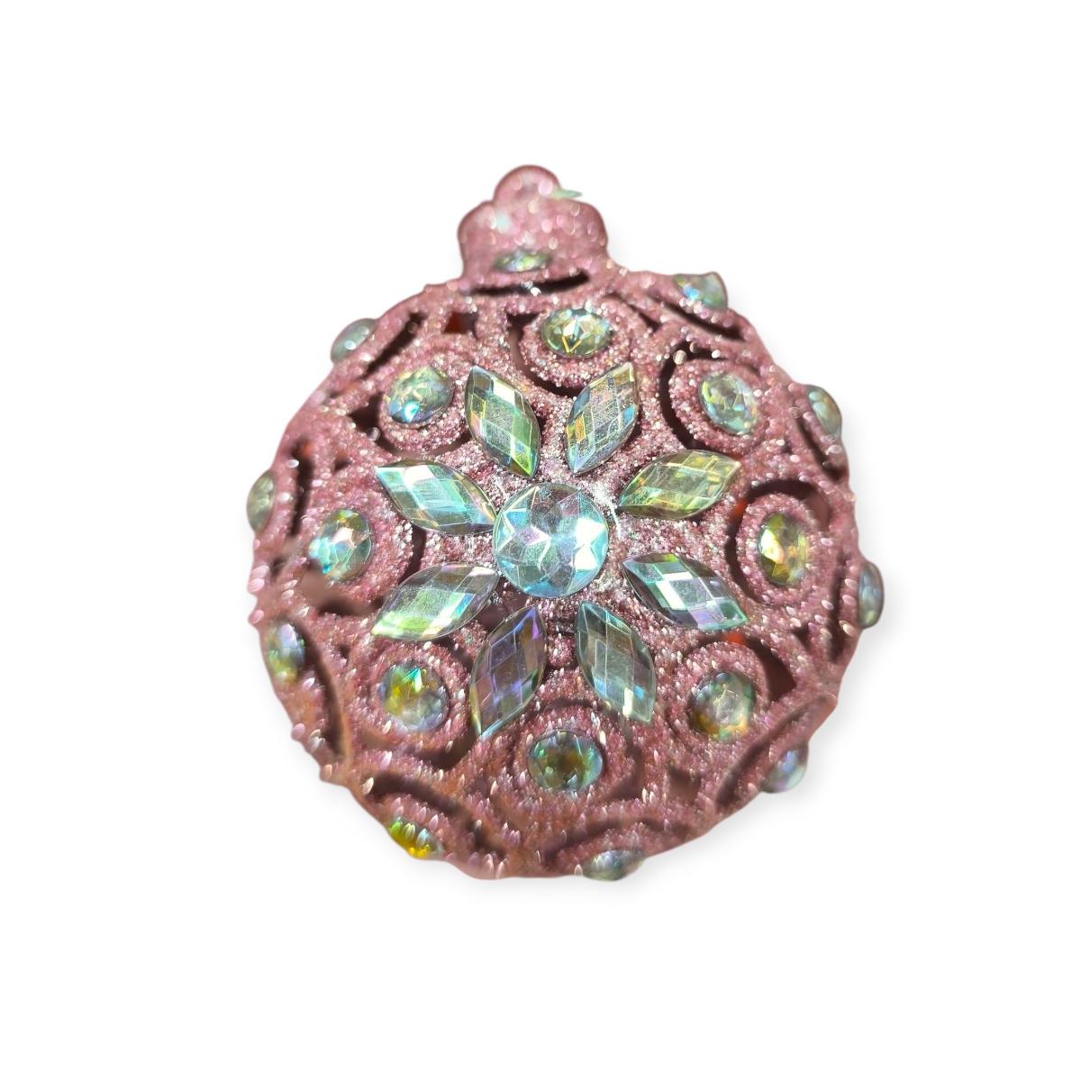 Csillámló báj rózsaszín karácsonyfadísz gömb strasszokkal 8 cm