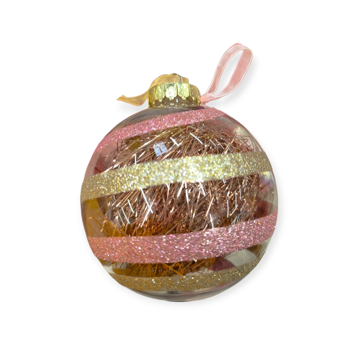 Átlátszó karácsonyfadísz csillámos csíkokkal és rózsaszín csillogó díszszállal 10cm