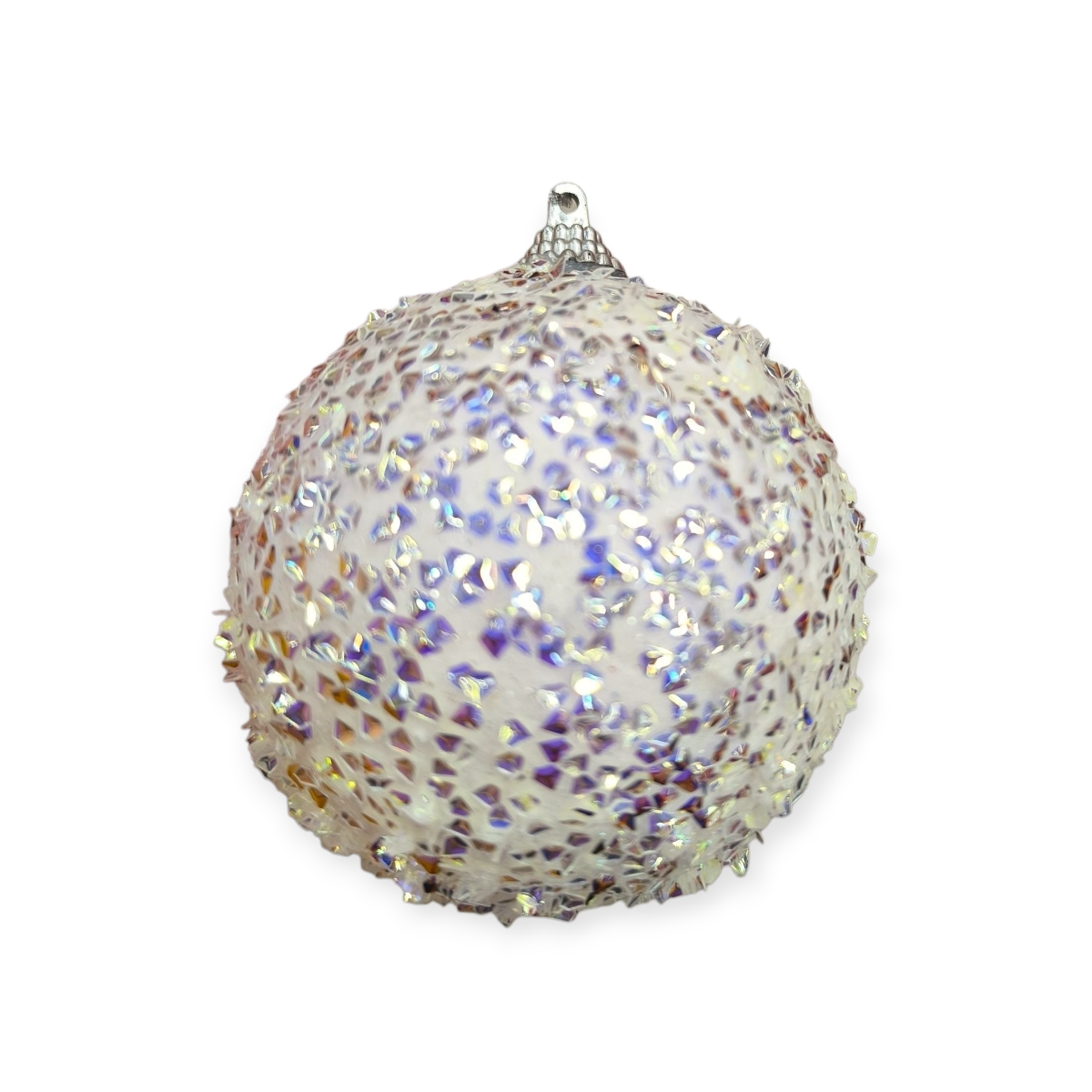 Fehér irizáló díszszálas hab gömb karácsonyfadísz 8cm