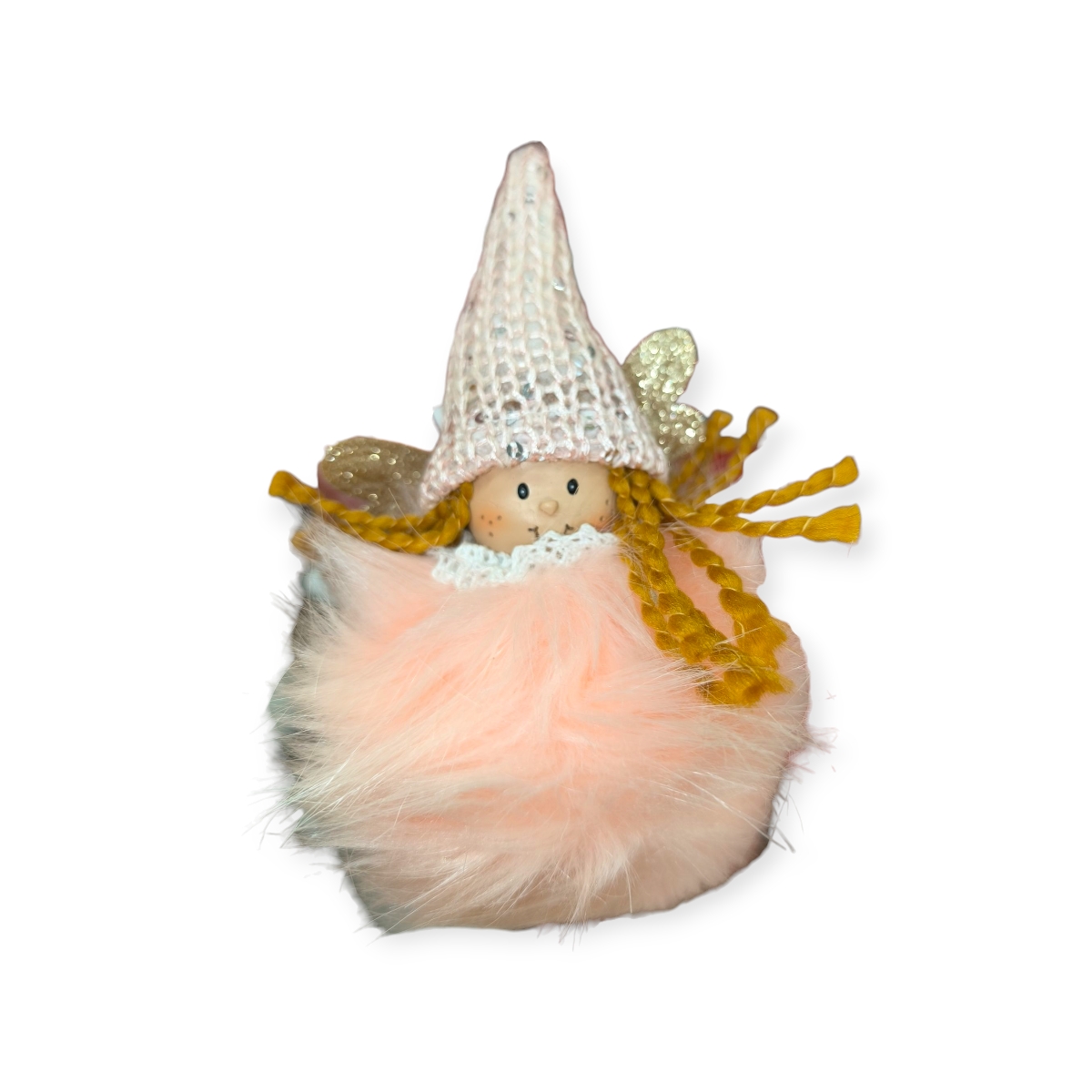 Rózsaszín szőrmés karácsonyfadísz arany csillámos angyalkával 16cm