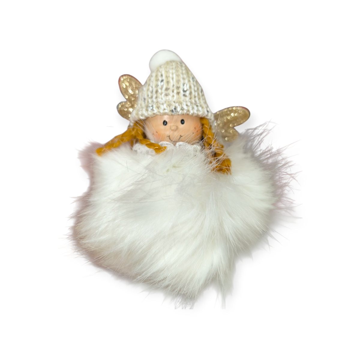 Ekrü szőrmés karácsonyfadísz arany csillámos angyalkával 16cm