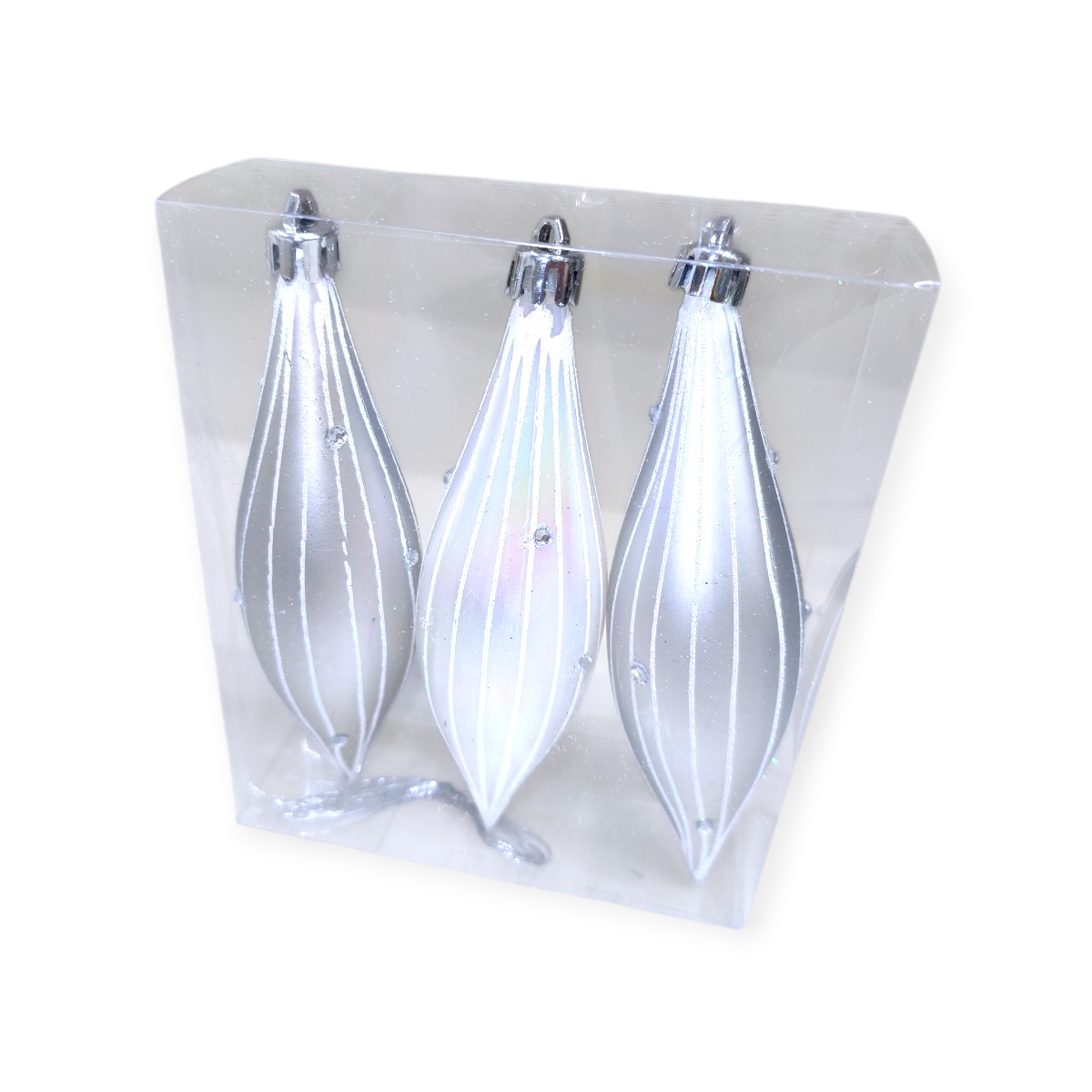 Ezüst torta karácsonyfadísz szett – 3 db holografikus csíkos dísz (14 cm)