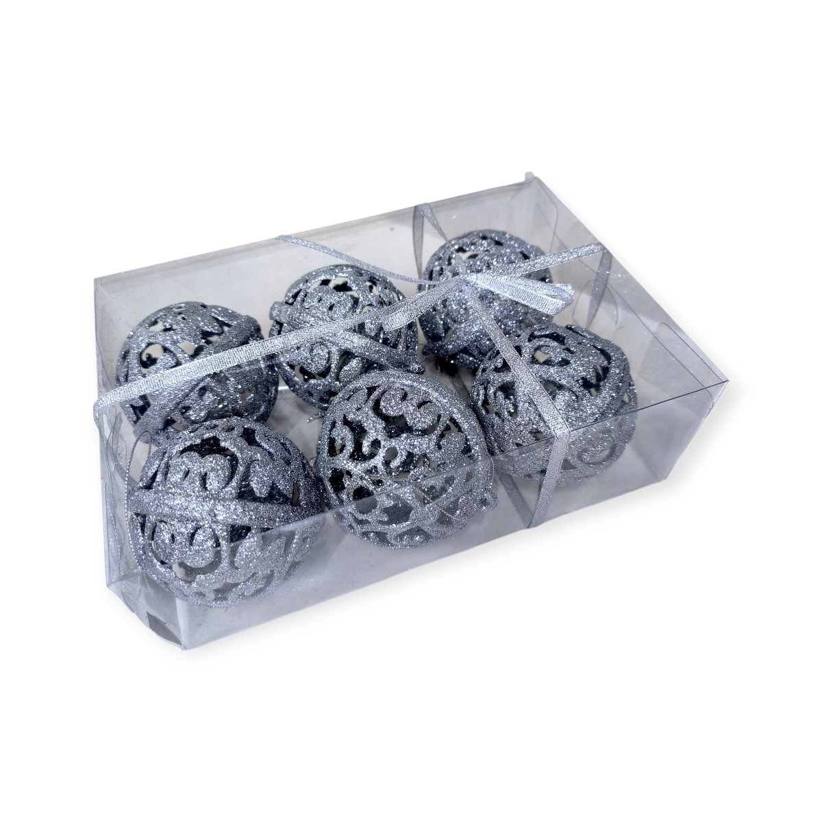 Csillogó ezüst karácsonyfadísz gömb szett – 6 db (6 cm)