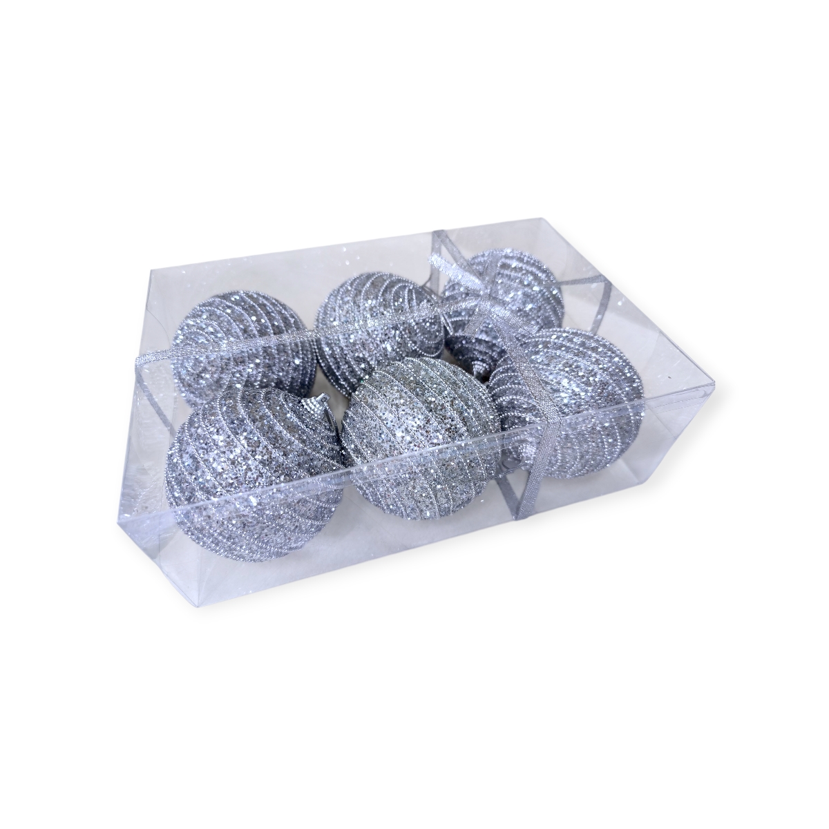 Ezüst csillogó csipkés karácsonyfadísz gömb szett – 6 db (8 cm)