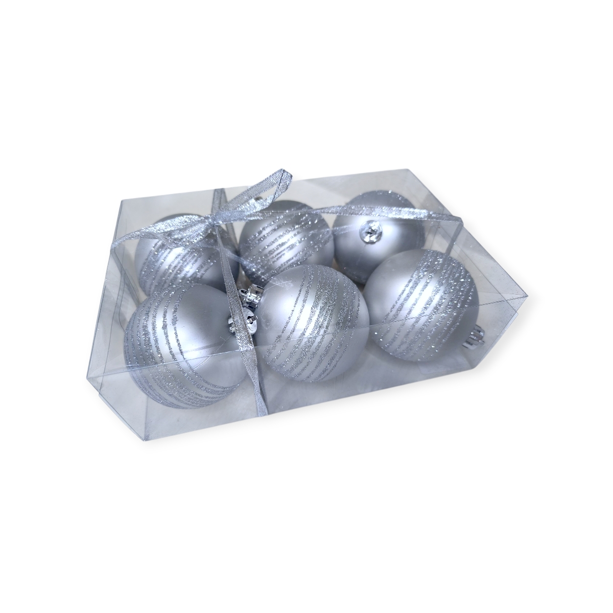 Matt ezüst csíkos csillámos karácsonyfadísz gömb szett – 6 db (8 cm)