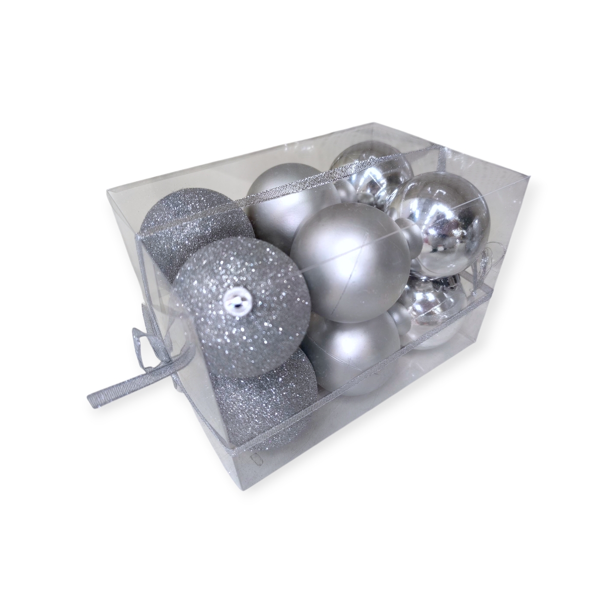 Ezüst karácsonyfadísz gömb szett – matt, fényes és csillámos – 12 db (7 cm)