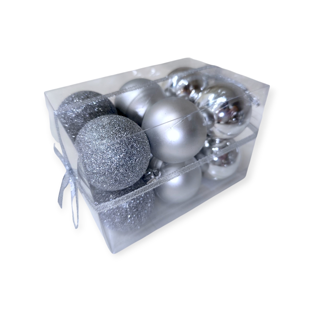 Ezüst karácsonyfadísz gömb szett – matt, fényes és csillámos – 12 db (5 cm)