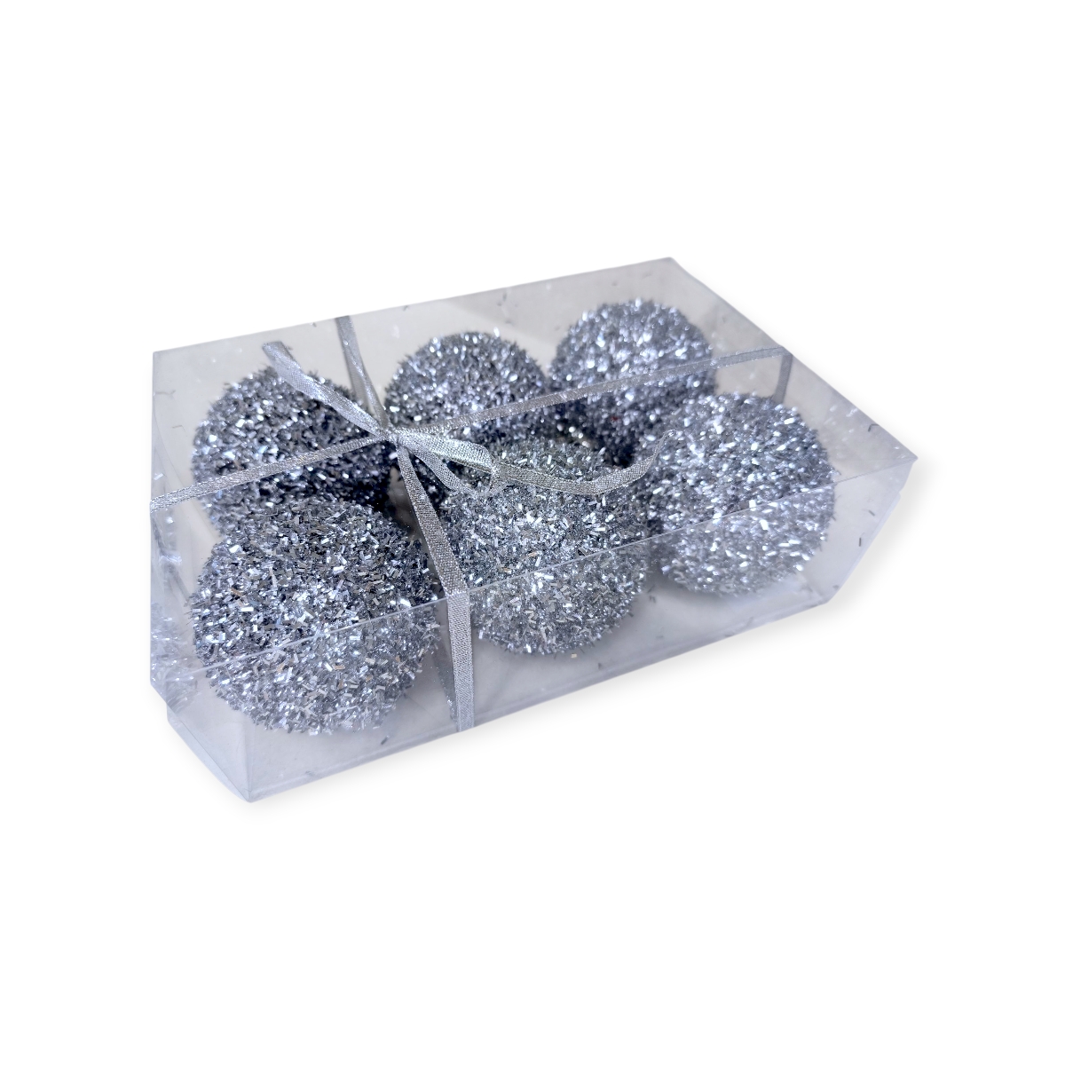 Ezüst karácsonyfadísz gömb készlet csillogó díszszállal – 6 db (8 cm)