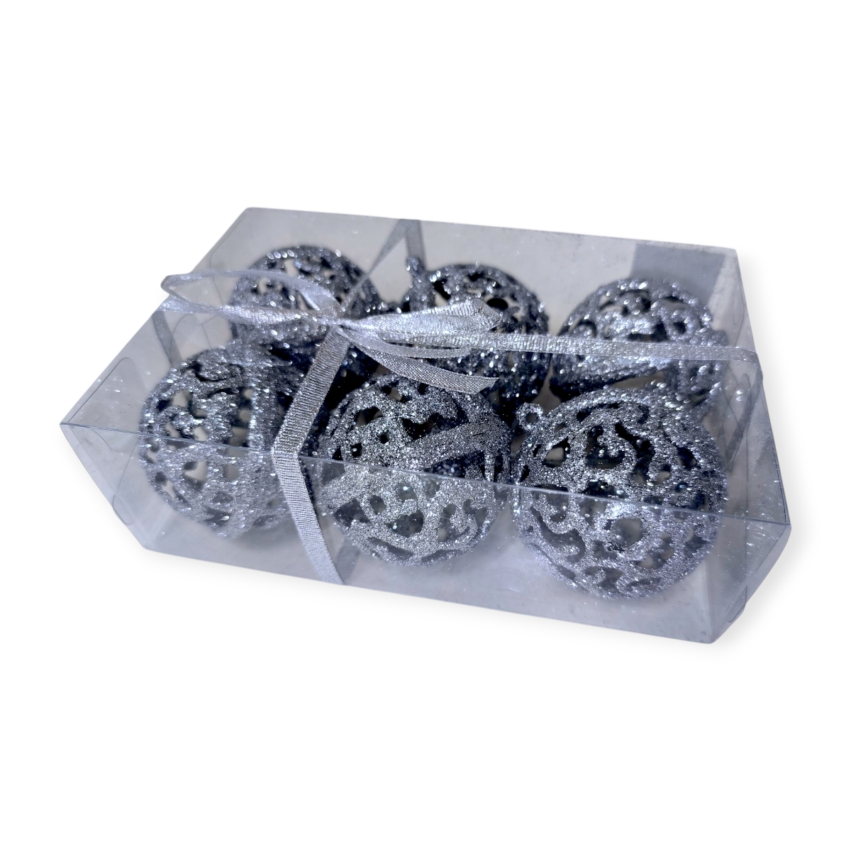 Csillogó ezüst karácsonyfadísz gömb készlet – 6 db (8 cm)