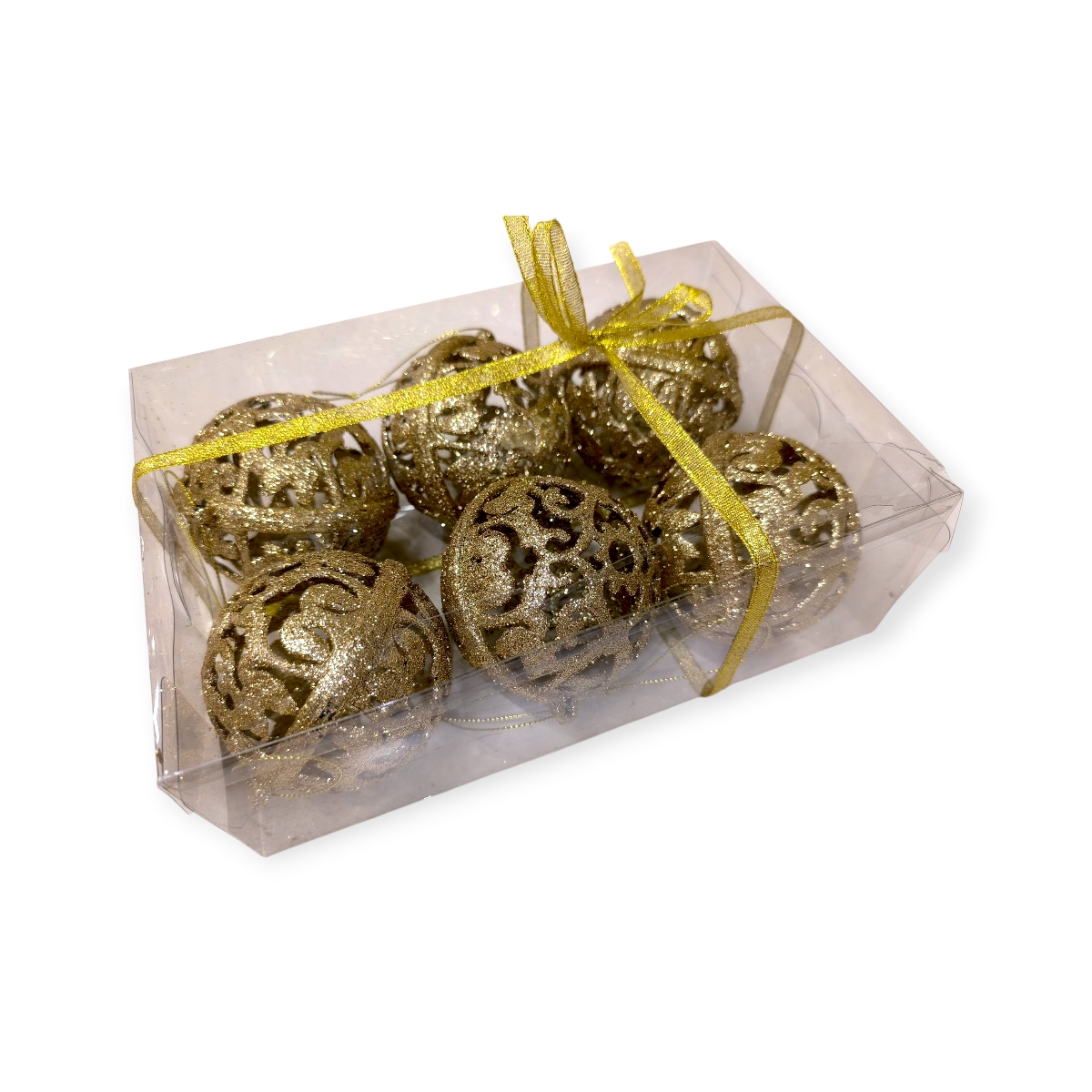 Arany csillogó karácsonyfadísz gömb szett csipke mintával 6cm – 6db