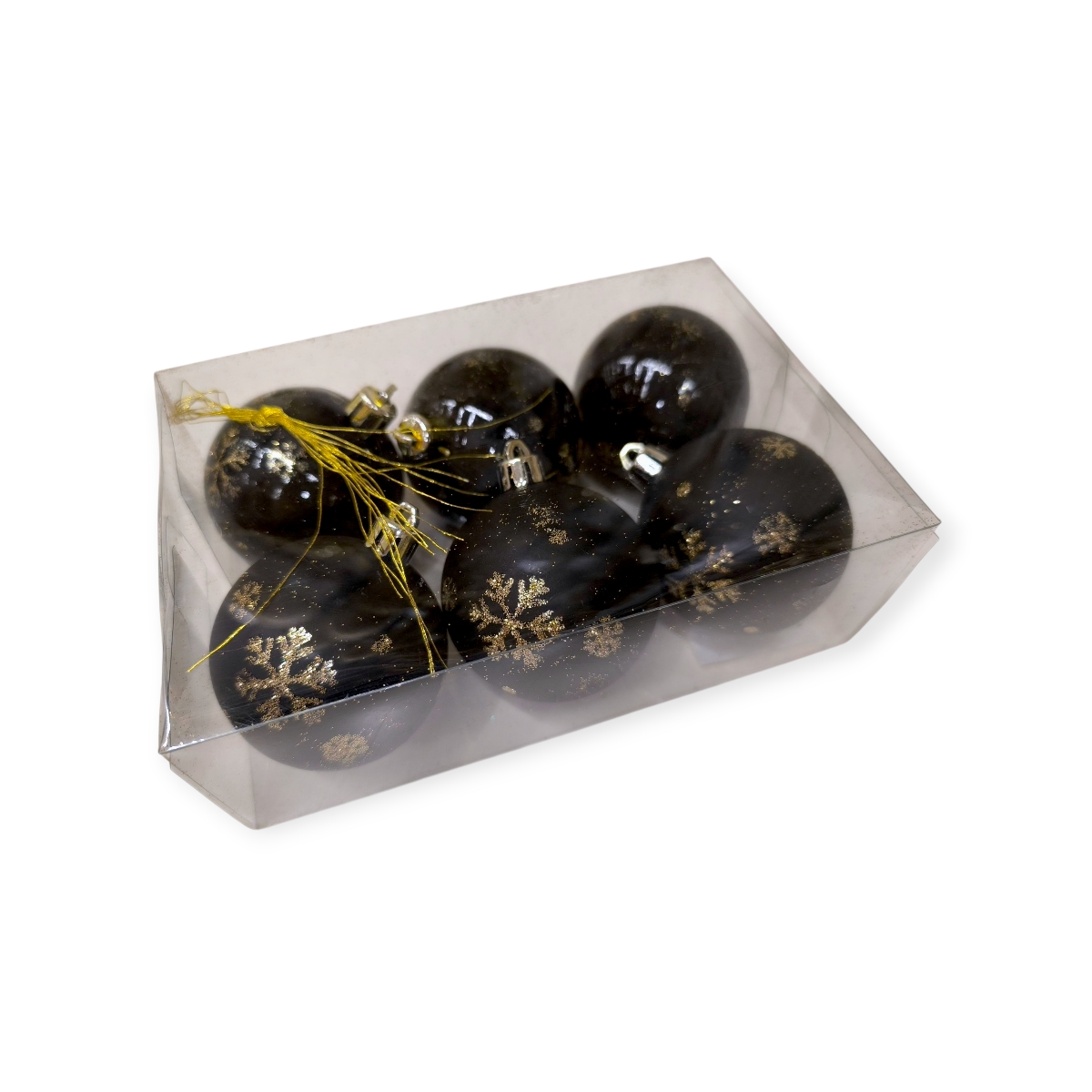 Fekete karácsonyfadísz gömb szett arany hópelyhes 6cm – 6db
