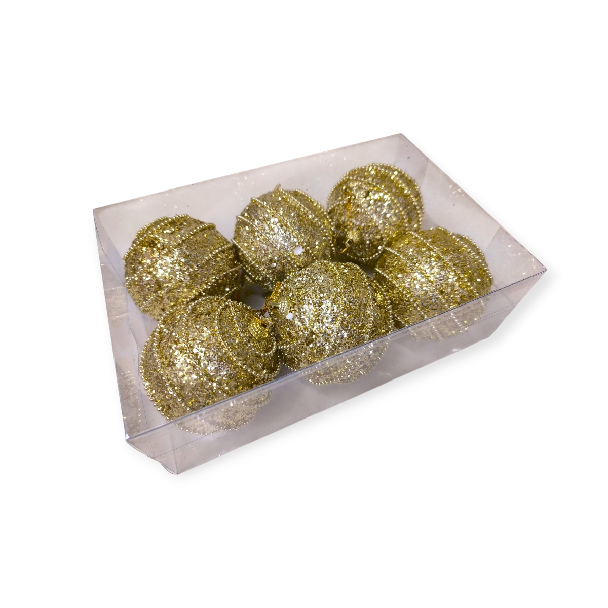 Arany Glamour karácsonyfadísz gömb szett csillámos lánccal Ø8cm – 6db