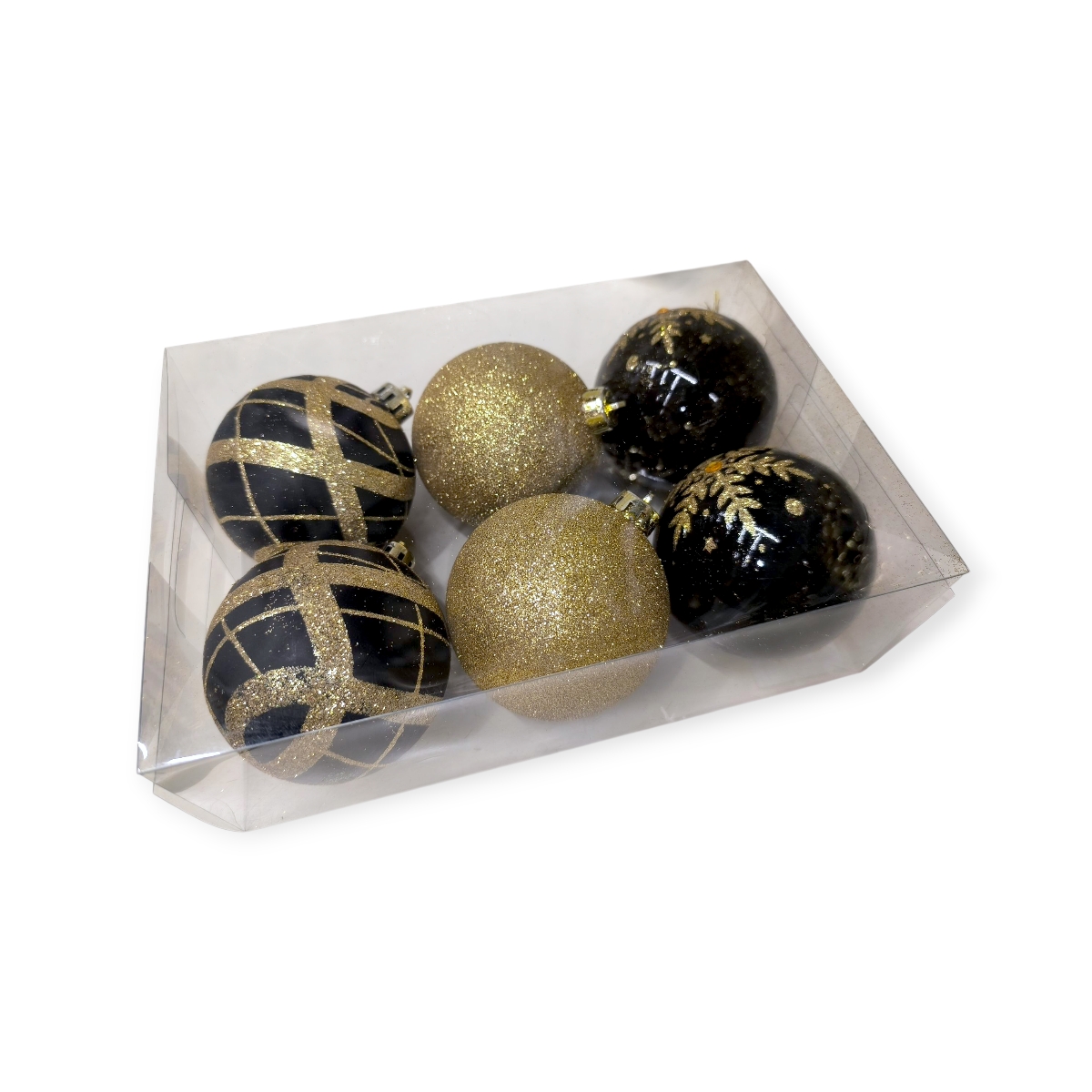 Éjfény fekete-arany karácsonyfadísz szett csillámos pelyhes Ø8cm – 6db