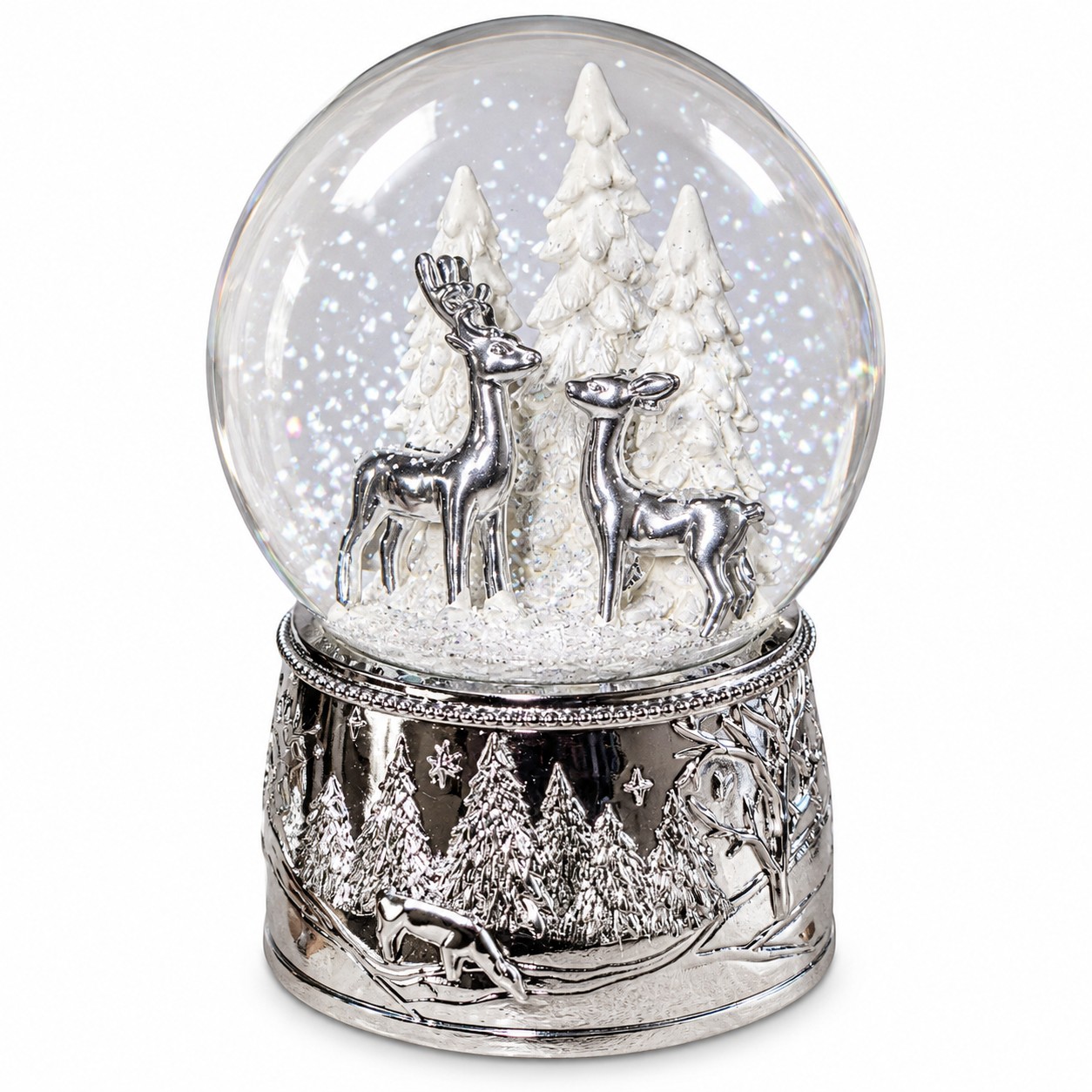 Ezüst szarvasos karácsonyi hógömb fenyőfákkal (14 cm)