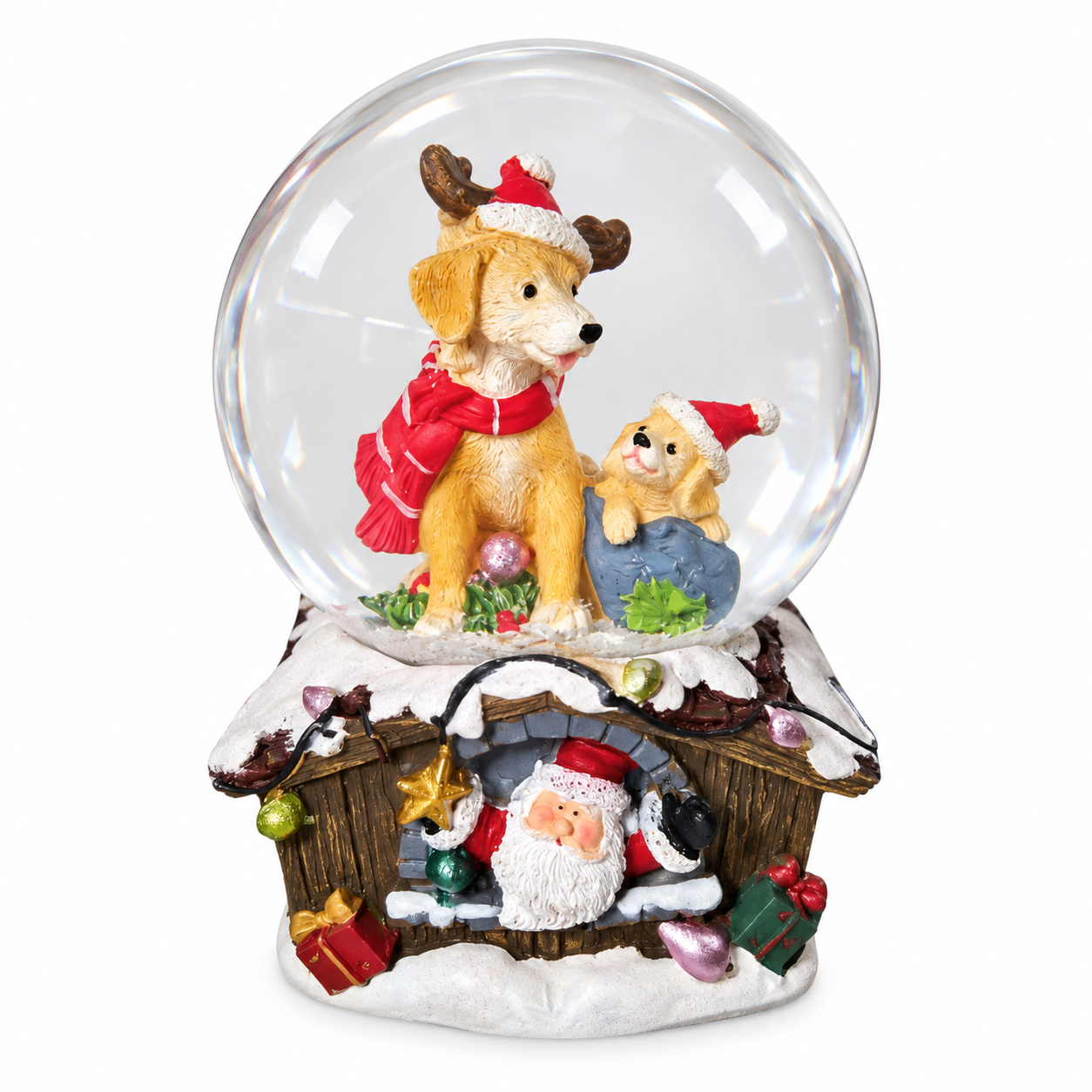 Zenélő kutyás karácsonyi hógömb barna házikóval (13,5 cm)