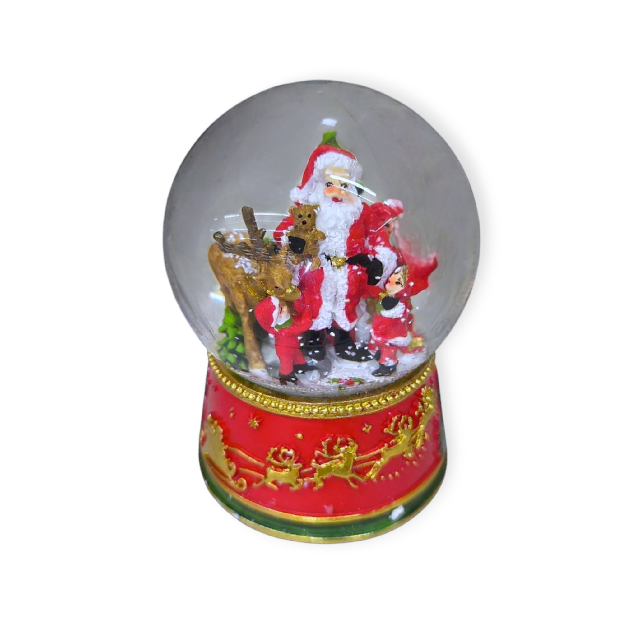 Mikulás és szarvas zenélő karácsonyi hógömb – 13 cm