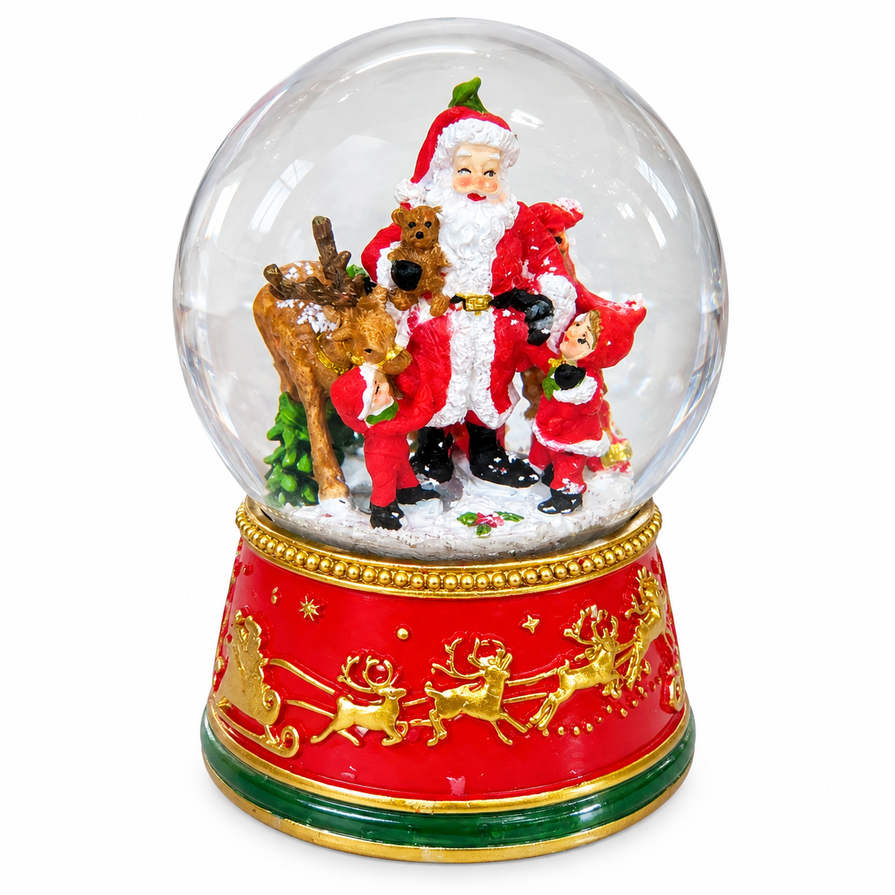 Zenélő Mikulás és szarvas karácsonyi hógömb (13 cm)